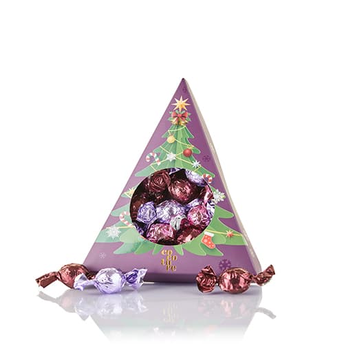 Fyldte chokoladekugler i lilla juletrekant