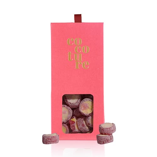 Cocoture rabarber bolcher i rød dragébox - 90g