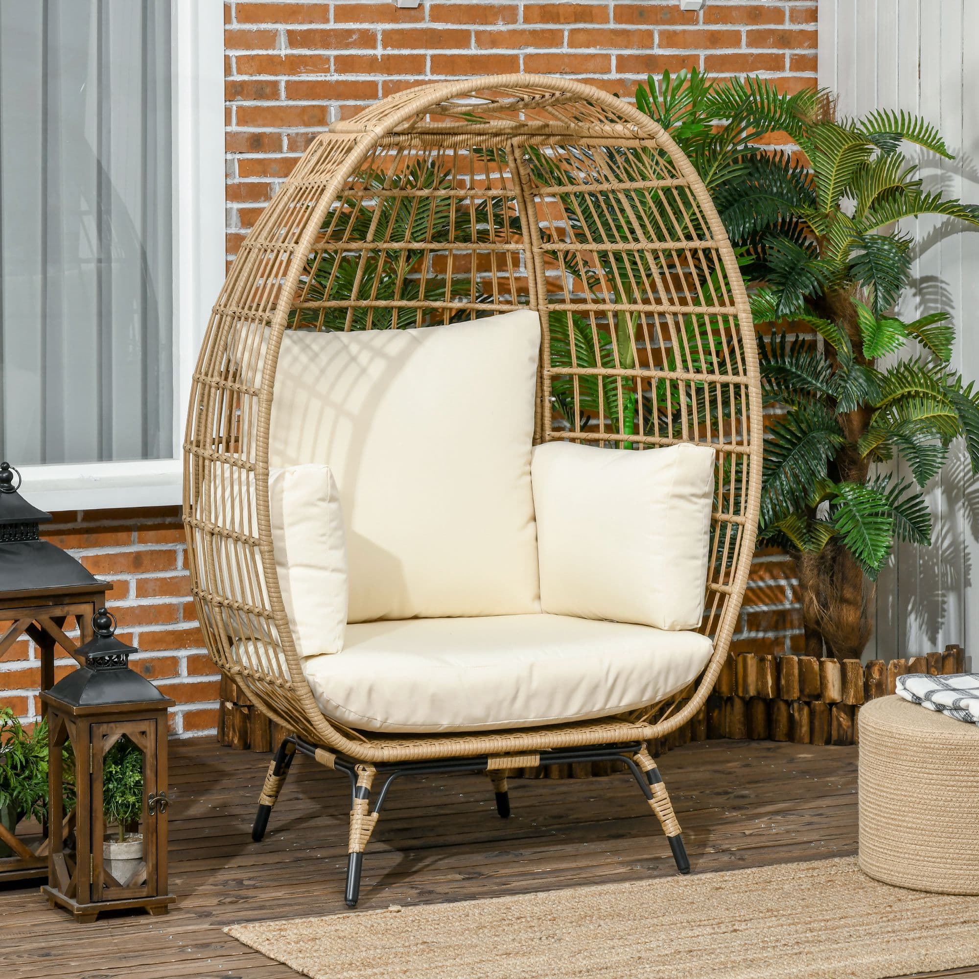 Rattan Stol Kurvformet med Sædehynde Hævet Havestol til Balkon Terrasse Metal Khaki 105 x 97 x 150 cm