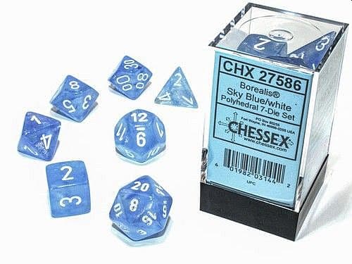 Dice - Terningesæt - 7 terninger - Borealis Polyhedral Luminary (Glow-in-the-Dark): Sky Blue With White