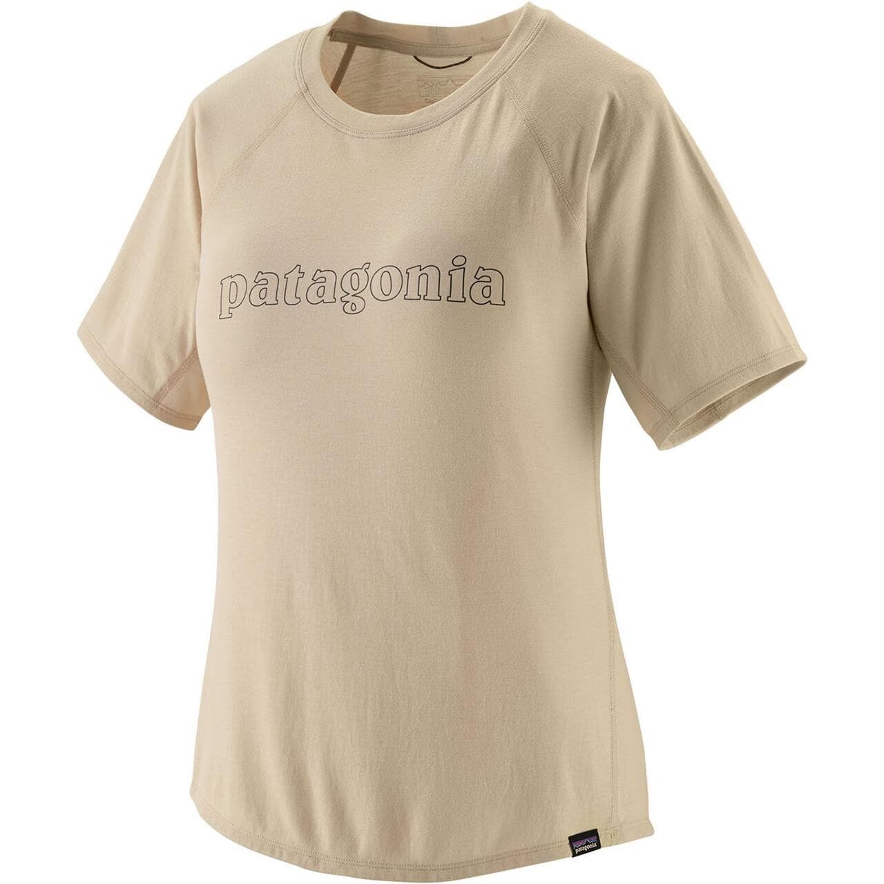 Patagonia Womens Cap Cool Trail Graphic S/S Shirt (Beige (OUTLINE LOGO: PUMICE) Large)